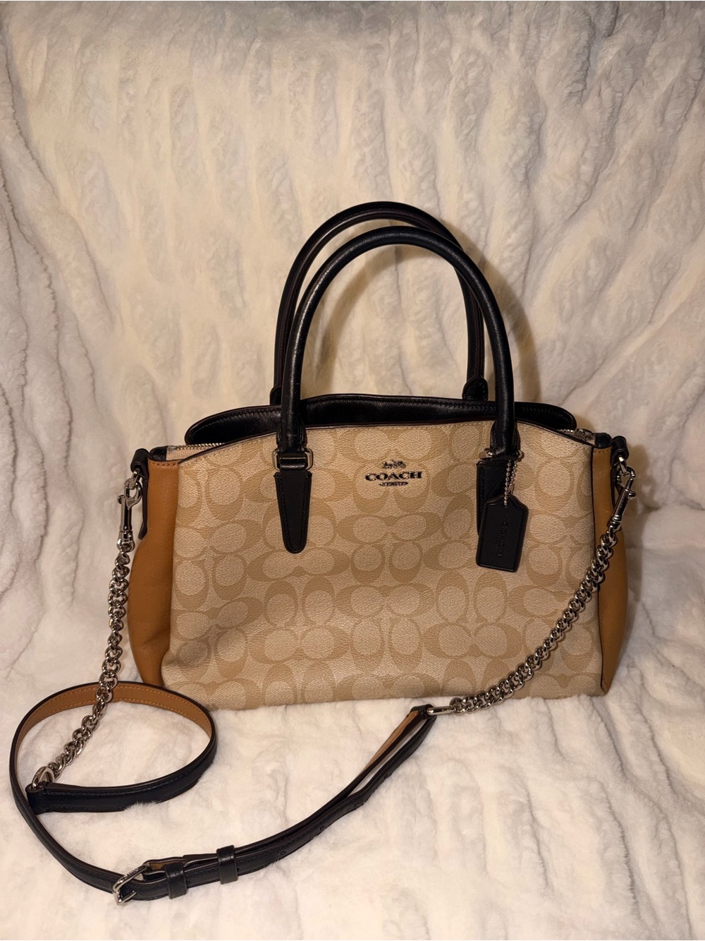 Coach Beige Signature Satchel with Black Handles and Tan Sides